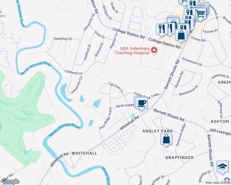 map of restaurants, bars, coffee shops, grocery stores, and more near 190 Cedar Rock Trace in Athens