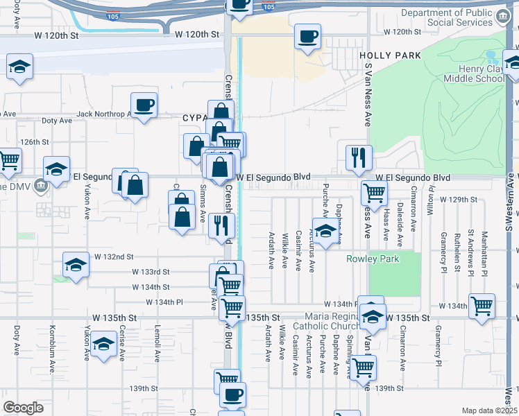 map of restaurants, bars, coffee shops, grocery stores, and more near 2915 129th Place in Gardena