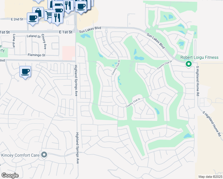 map of restaurants, bars, coffee shops, grocery stores, and more near 5985 Warwick Hills Way in Banning