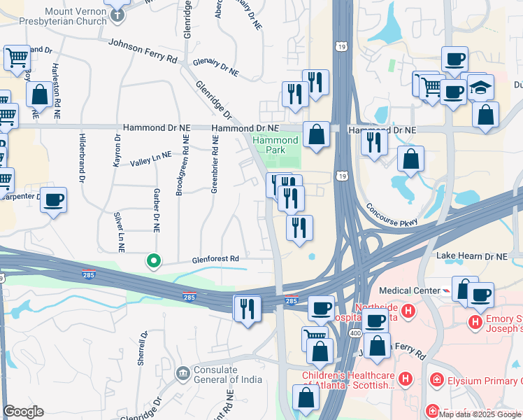 map of restaurants, bars, coffee shops, grocery stores, and more near 150 Barkley Lane in Atlanta