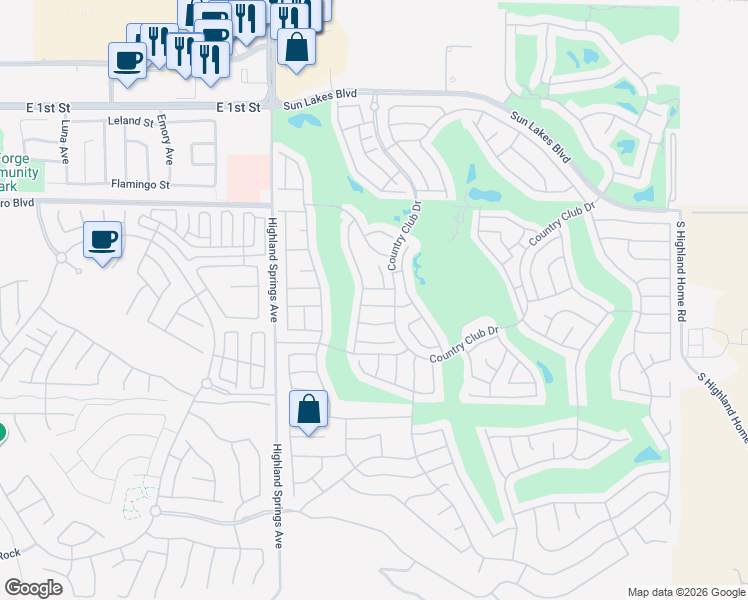 map of restaurants, bars, coffee shops, grocery stores, and more near 6053 Warwick Hills Way in Banning