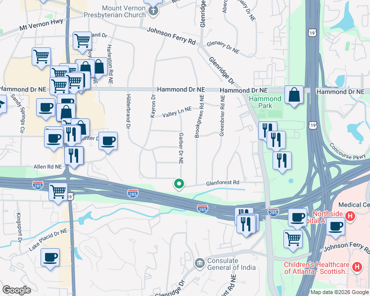 map of restaurants, bars, coffee shops, grocery stores, and more near 5855 Garber Drive Northeast in Atlanta