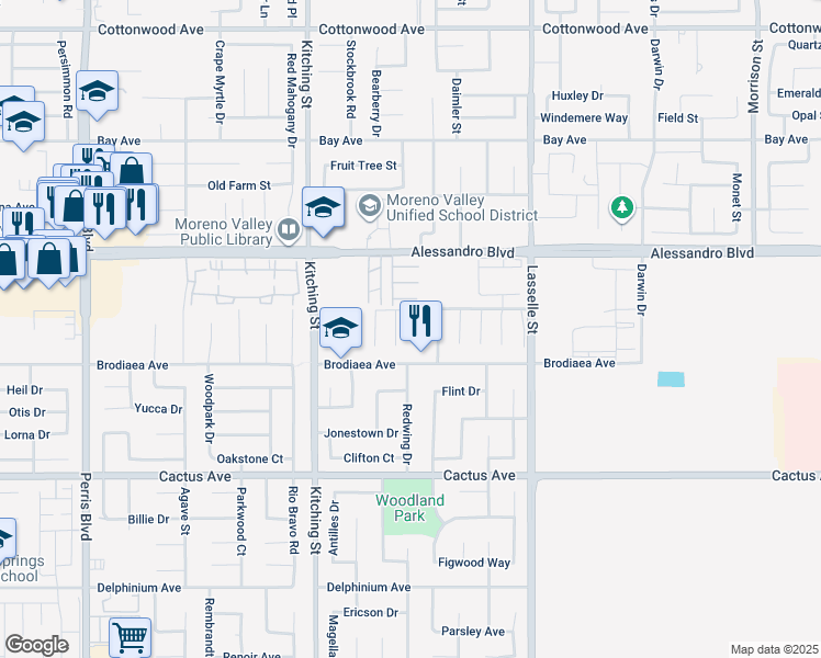 map of restaurants, bars, coffee shops, grocery stores, and more near 14160 Martinique Drive in Moreno Valley