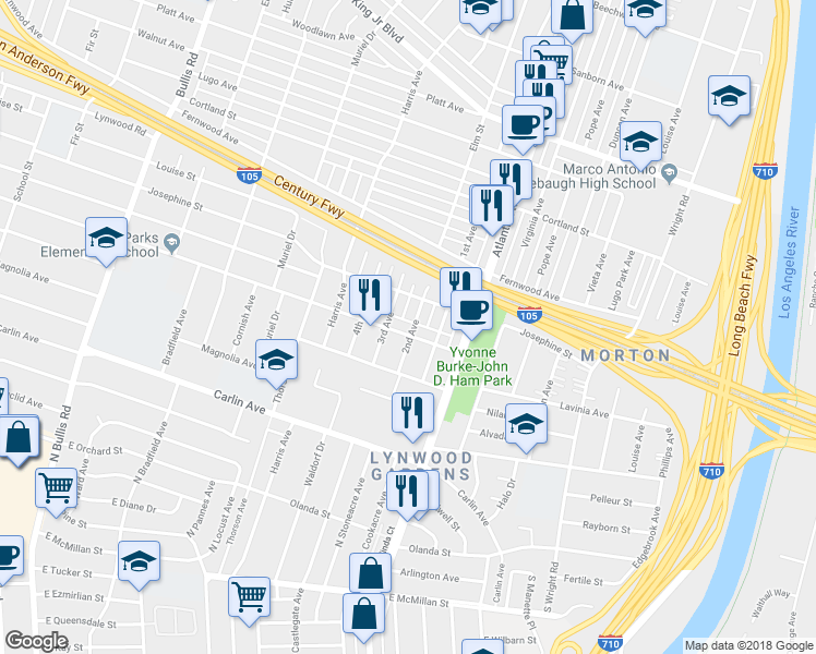 map of restaurants, bars, coffee shops, grocery stores, and more near 4283 Agnes Avenue in Lynwood