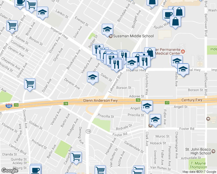 map of restaurants, bars, coffee shops, grocery stores, and more near 12725 Lakewood Boulevard in Downey