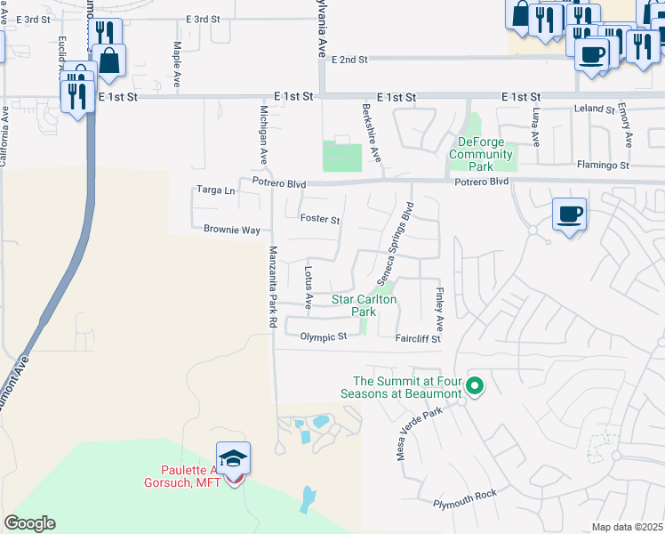 map of restaurants, bars, coffee shops, grocery stores, and more near 1291 Leaf Street in Beaumont