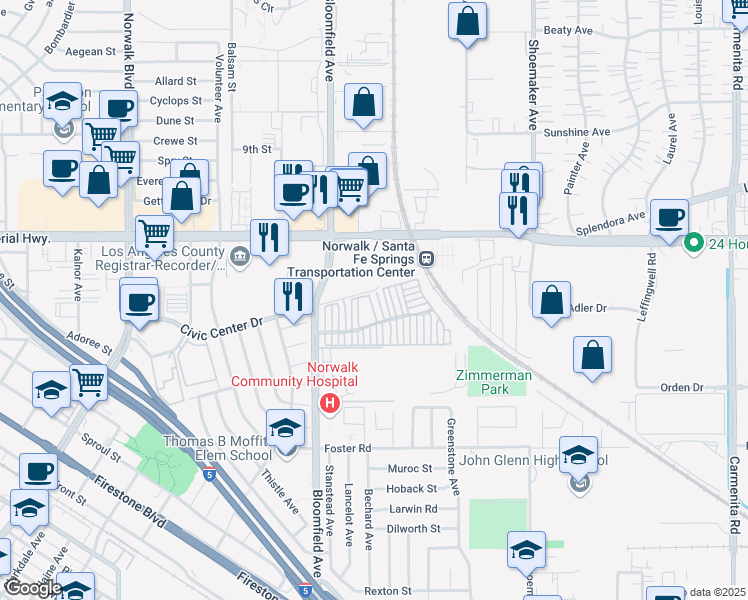 map of restaurants, bars, coffee shops, grocery stores, and more near 12809 Tomahawk Lane in Norwalk