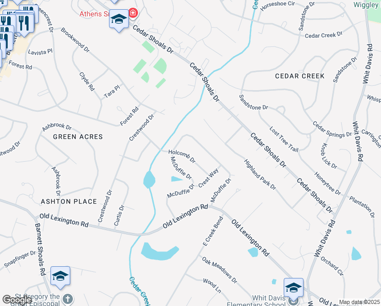 map of restaurants, bars, coffee shops, grocery stores, and more near 215 Holcomb Drive in Athens