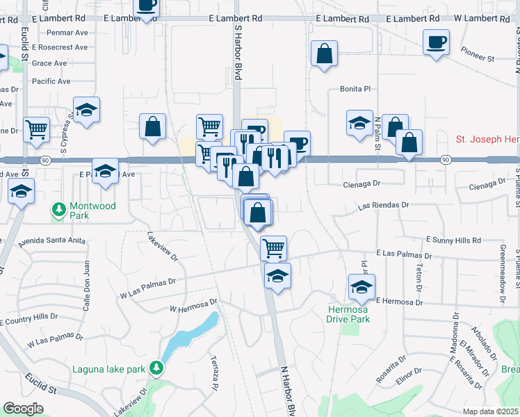map of restaurants, bars, coffee shops, grocery stores, and more near 3 Las Riendas Drive in La Habra