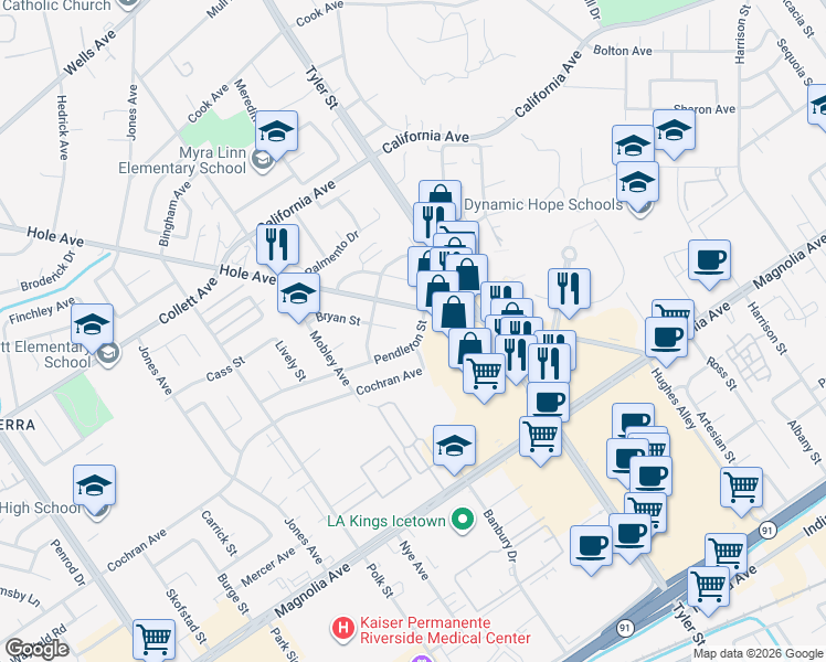 map of restaurants, bars, coffee shops, grocery stores, and more near 10337 Pendleton Street in Riverside