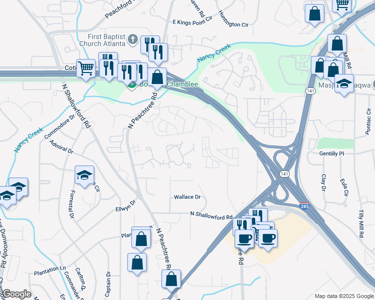 map of restaurants, bars, coffee shops, grocery stores, and more near 4700 North Hill Parkway in Atlanta