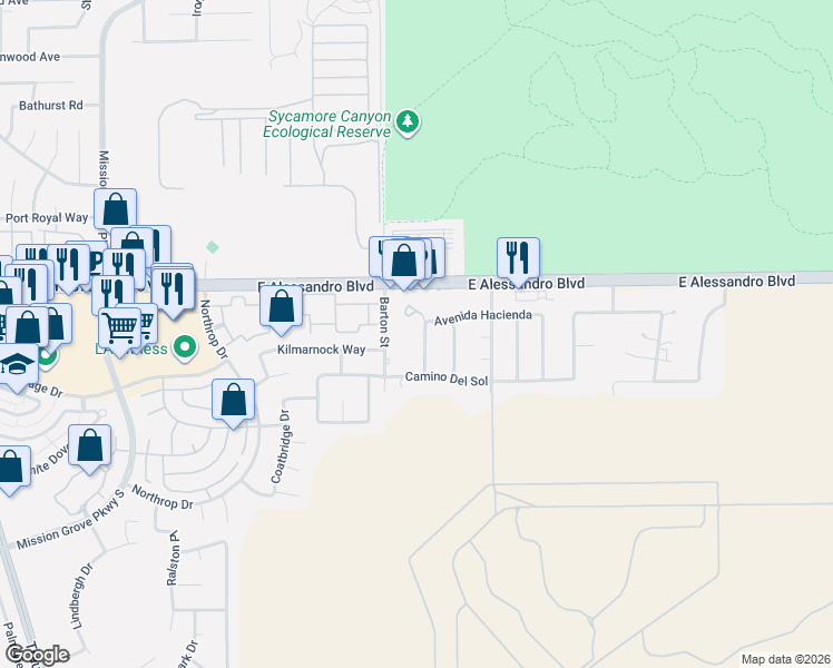 map of restaurants, bars, coffee shops, grocery stores, and more near 14117 Calle Vista Drive in Riverside