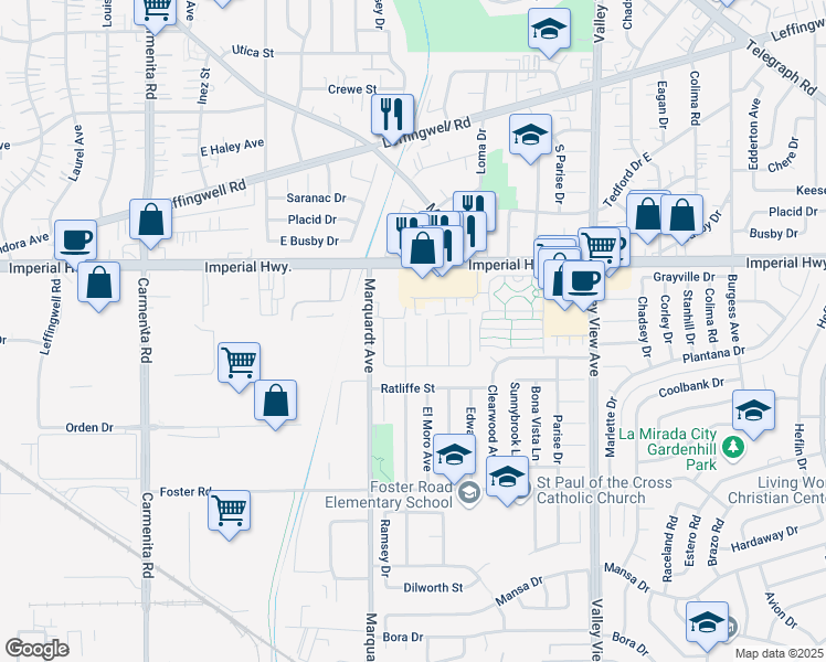 map of restaurants, bars, coffee shops, grocery stores, and more near 12812 Duffield Avenue in La Mirada