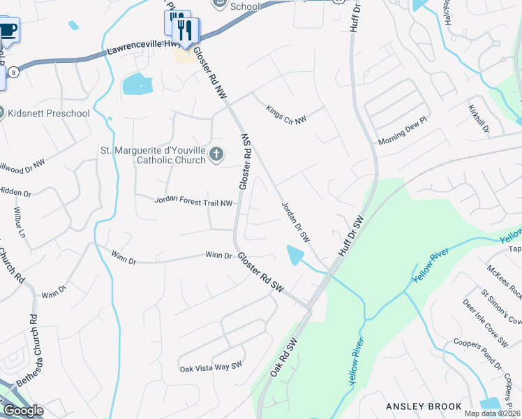 map of restaurants, bars, coffee shops, grocery stores, and more near Mamie Lane in Lawrenceville