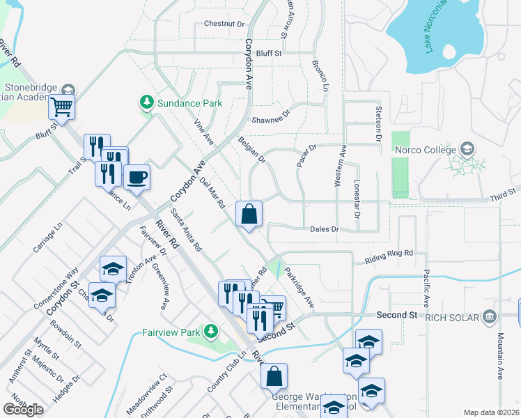 map of restaurants, bars, coffee shops, grocery stores, and more near 3460 Welsh Drive in Norco