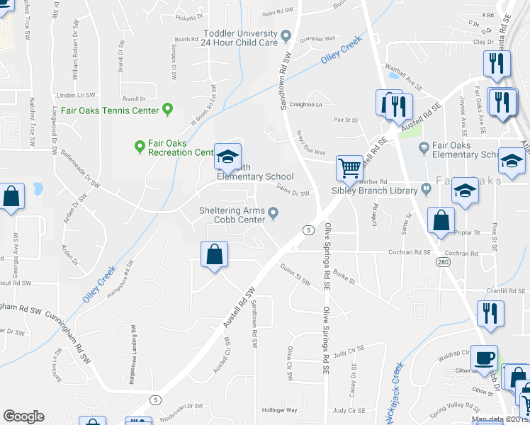 map of restaurants, bars, coffee shops, grocery stores, and more near 1565 Roberta Drive in Marietta