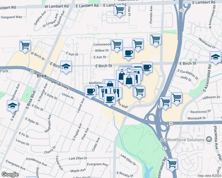 map of restaurants, bars, coffee shops, grocery stores, and more near 259 South Randolph Avenue in Brea
