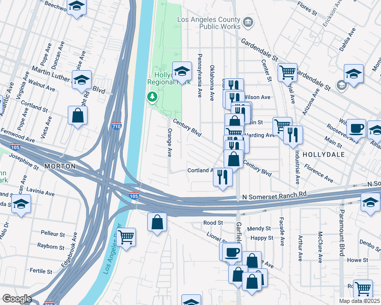 map of restaurants, bars, coffee shops, grocery stores, and more near 7303 Lugo Avenue in Paramount