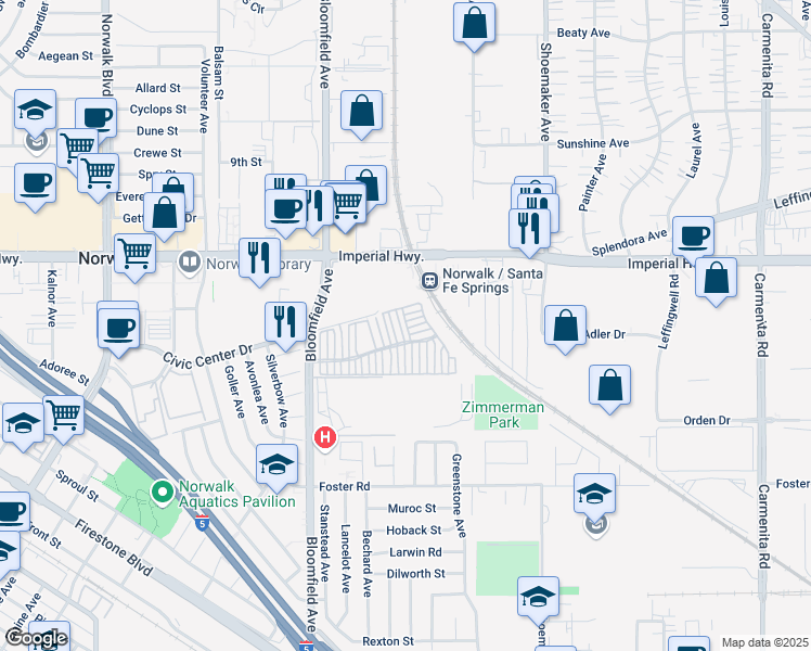 map of restaurants, bars, coffee shops, grocery stores, and more near 12751 Rawhide Lane in Norwalk