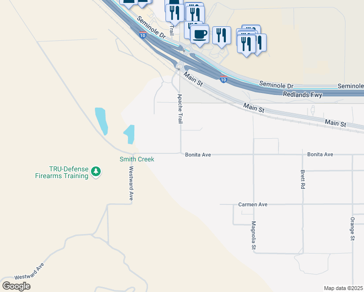 map of restaurants, bars, coffee shops, grocery stores, and more near Apache Trail in Cabazon