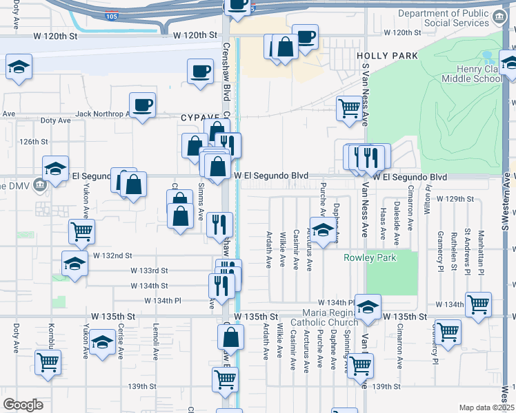 map of restaurants, bars, coffee shops, grocery stores, and more near 2915 129th Place in Gardena