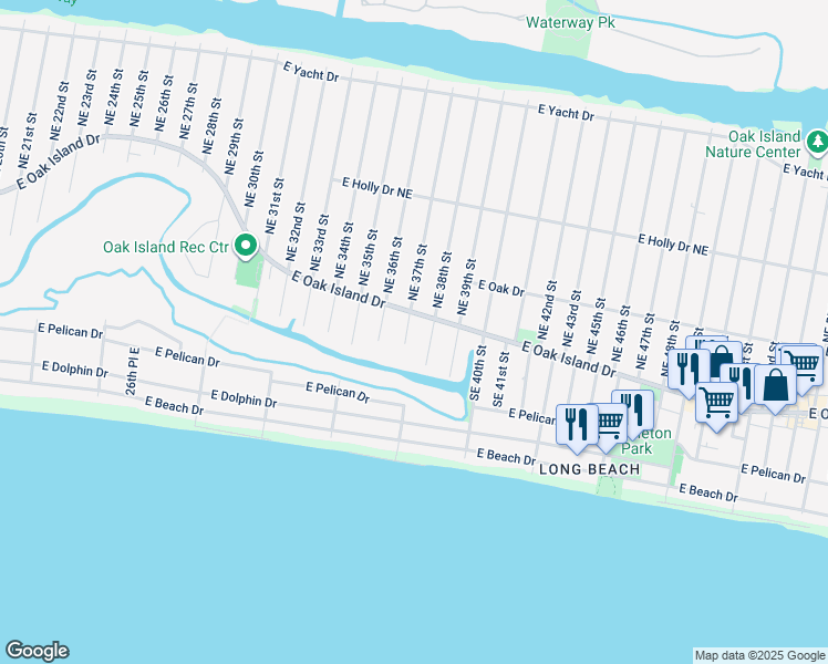 map of restaurants, bars, coffee shops, grocery stores, and more near 102 Southeast 37th Street in Oak Island