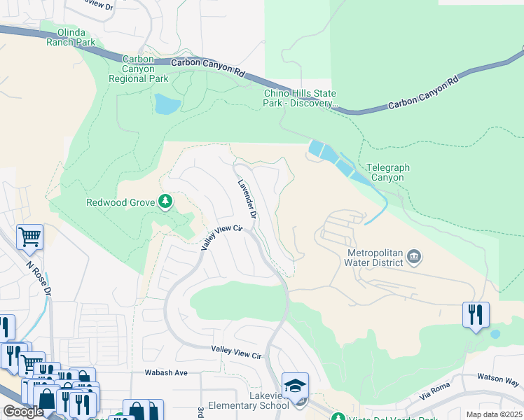 map of restaurants, bars, coffee shops, grocery stores, and more near 3313 Gardenia Lane in Yorba Linda