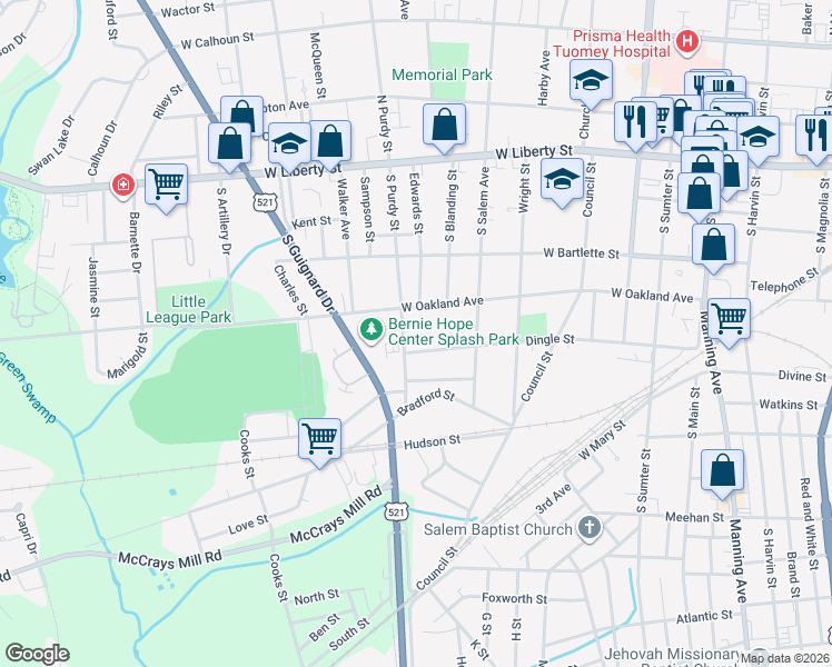 map of restaurants, bars, coffee shops, grocery stores, and more near 211 South Purdy Street in Sumter