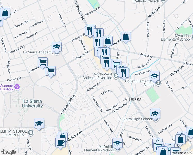 map of restaurants, bars, coffee shops, grocery stores, and more near 4641 Countrygate Court in Riverside
