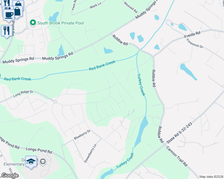 map of restaurants, bars, coffee shops, grocery stores, and more near Long Ridge Way in Lexington