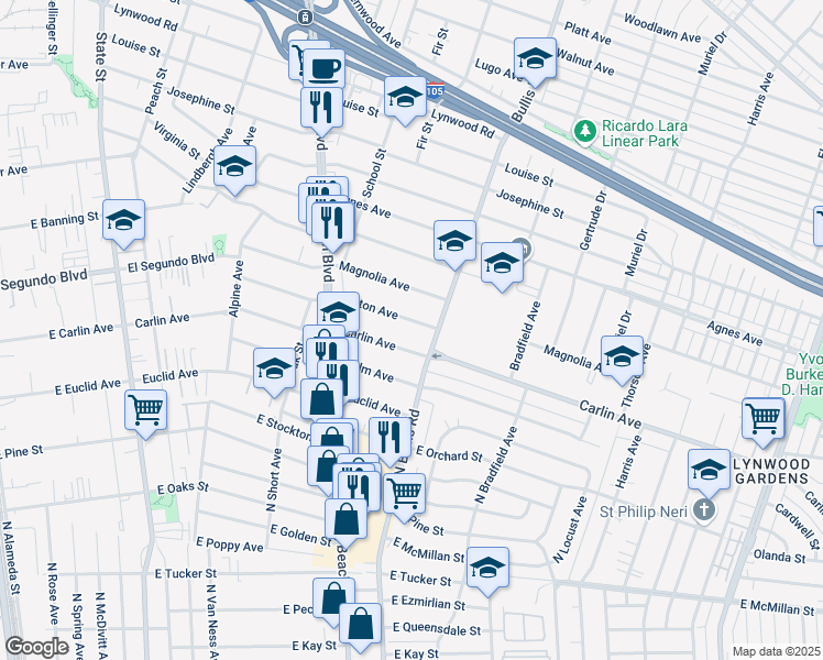 map of restaurants, bars, coffee shops, grocery stores, and more near 3604 Burton Avenue in Lynwood