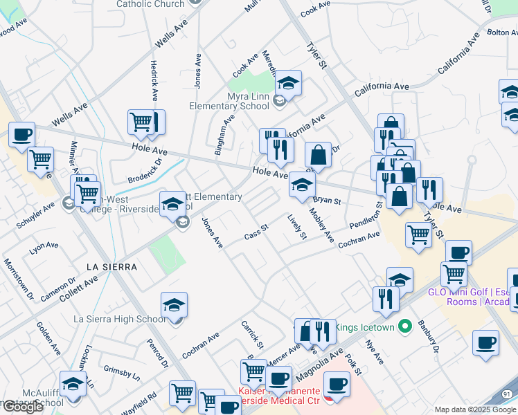 map of restaurants, bars, coffee shops, grocery stores, and more near 10661 Burton Street in Riverside