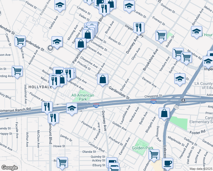 map of restaurants, bars, coffee shops, grocery stores, and more near Downey Avenue & Gardendale Street in Downey