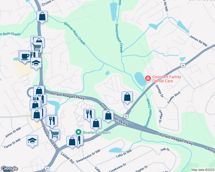 map of restaurants, bars, coffee shops, grocery stores, and more near 67 West Mockingbird Lane in Lawrenceville