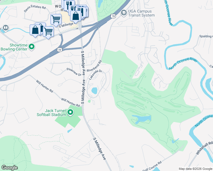 map of restaurants, bars, coffee shops, grocery stores, and more near 2110 Lakeside Drive in Athens