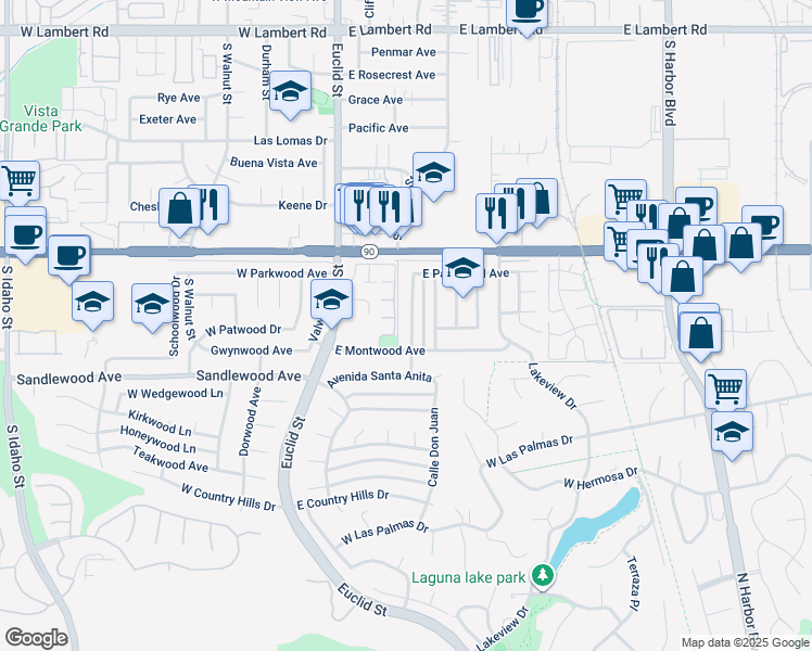 map of restaurants, bars, coffee shops, grocery stores, and more near 1341 Burwood Street in La Habra