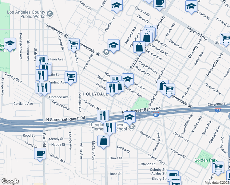 map of restaurants, bars, coffee shops, grocery stores, and more near 6159 Main Street in South Gate