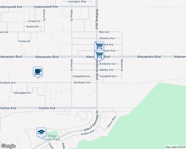 map of restaurants, bars, coffee shops, grocery stores, and more near 28964 Campbell Avenue in Moreno Valley