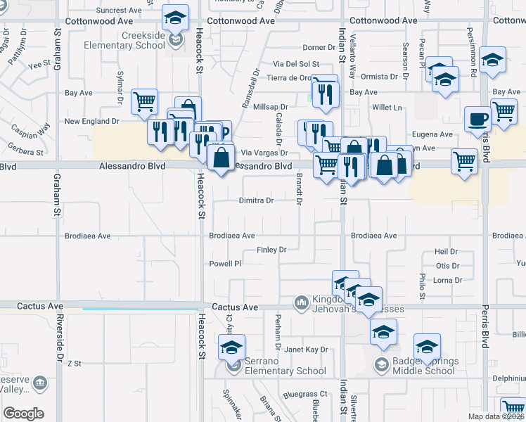 map of restaurants, bars, coffee shops, grocery stores, and more near 14160 Casco Court in Moreno Valley