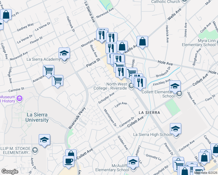 map of restaurants, bars, coffee shops, grocery stores, and more near 4641 Countrygate Court in Riverside