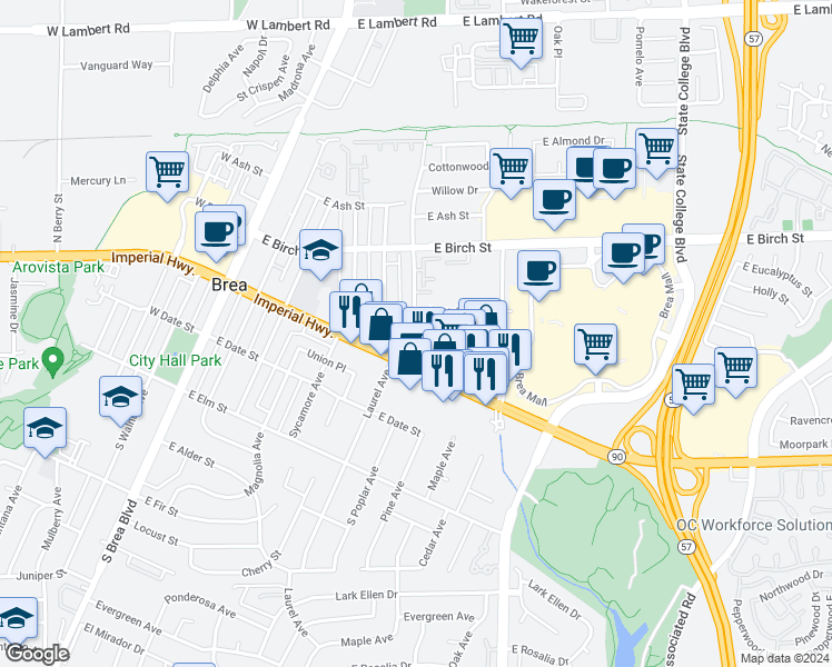 map of restaurants, bars, coffee shops, grocery stores, and more near 272 South Poplar Avenue in Brea