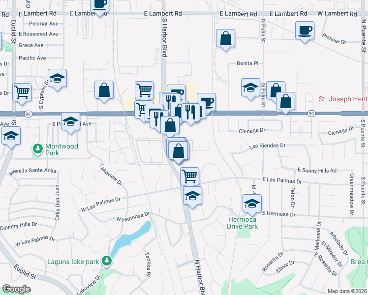 map of restaurants, bars, coffee shops, grocery stores, and more near 3 Las Riendas Drive in La Habra