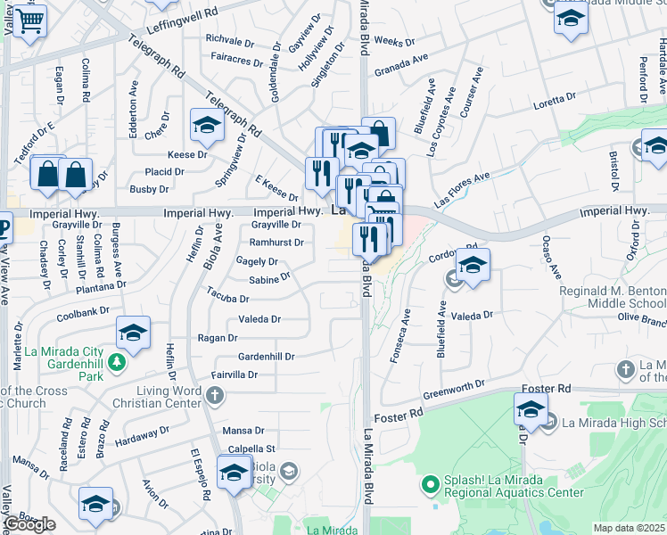 map of restaurants, bars, coffee shops, grocery stores, and more near 12732 Tanfield Drive in La Mirada