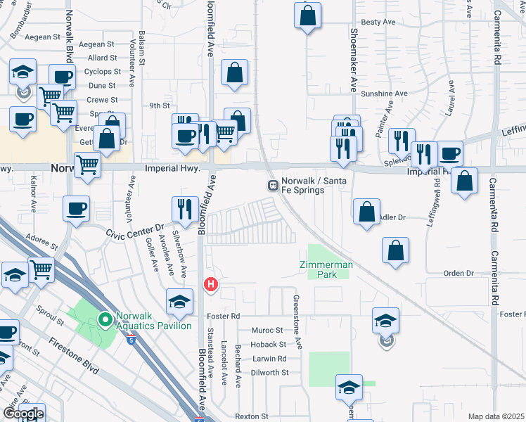 map of restaurants, bars, coffee shops, grocery stores, and more near 12751 Rawhide Lane in Norwalk