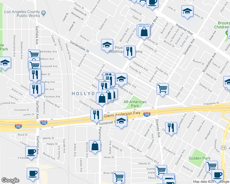 map of restaurants, bars, coffee shops, grocery stores, and more near 13206 Paramount Boulevard in South Gate