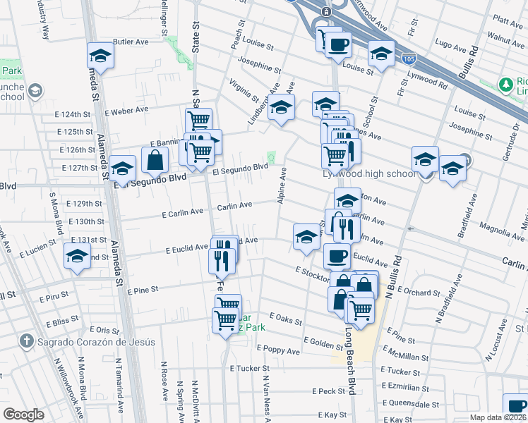 map of restaurants, bars, coffee shops, grocery stores, and more near 3204 Carlin Avenue in Lynwood