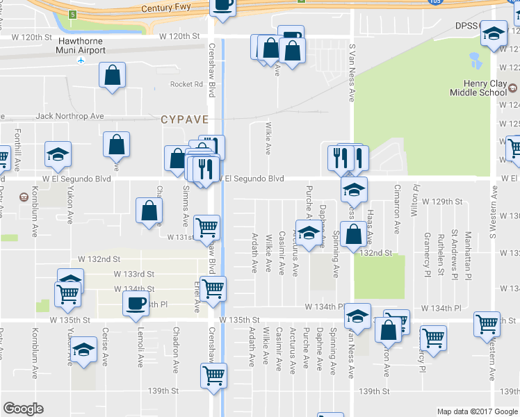 map of restaurants, bars, coffee shops, grocery stores, and more near 12919 Wilkie Avenue in Gardena
