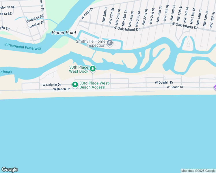 map of restaurants, bars, coffee shops, grocery stores, and more near 27th Pl W in Oak Island