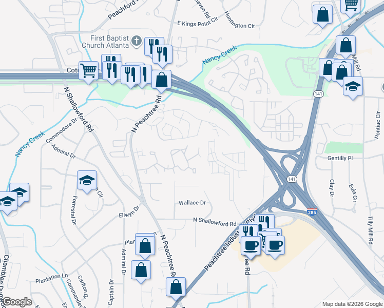 map of restaurants, bars, coffee shops, grocery stores, and more near 4700 North Hill Parkway in Atlanta