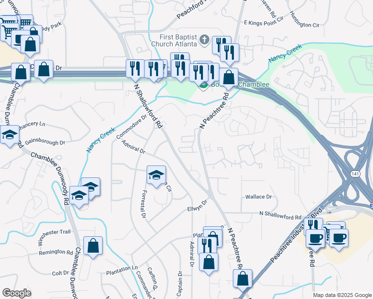 map of restaurants, bars, coffee shops, grocery stores, and more near 413 Gentrys Walk in Atlanta